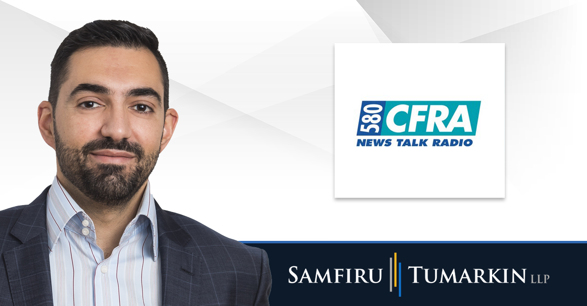 A headshot of Ottawa employment lawyer Alex Lucifero next to the logos for Samfiru Tumarkin LLP and Ottawa radio station Newstalk 580 CFRA.