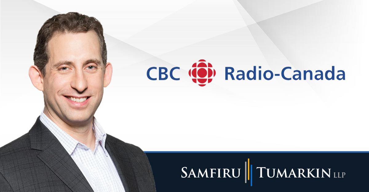A headshot of Canadian disability lawyer Sivan Tumarkin next to the Samfiru Tumarkin LLP and CBC Radio-Canada logos.