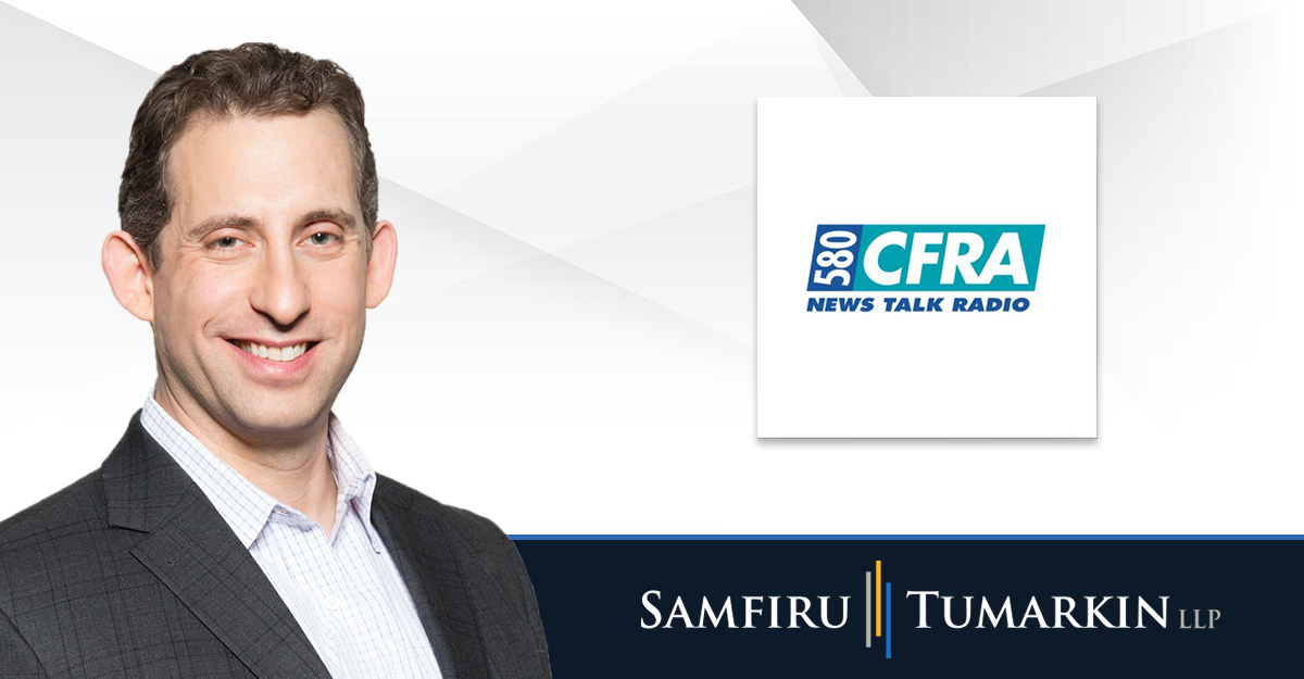 A headshot of Ottawa disability lawyer Sivan Tumarkin next to the logos for Samfiru Tumarkin LLP and Ottawa radio station Newstalk 580 CFRA.