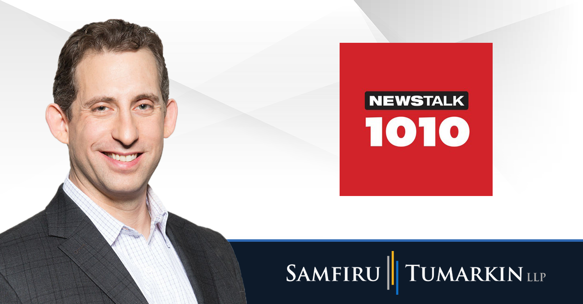 A headshot of Toronto disability lawyer Sivan Tumarkin next to the logos for Samfiru Tumarkin LLP and radio station Newstalk 1010 in Toronto.