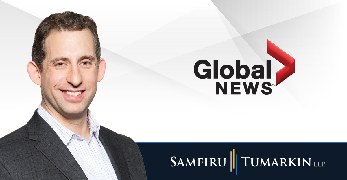 Disability lawyer Sivan Tumarkin's headshot next to Global News, Samfiru Tumarkin LLP logos