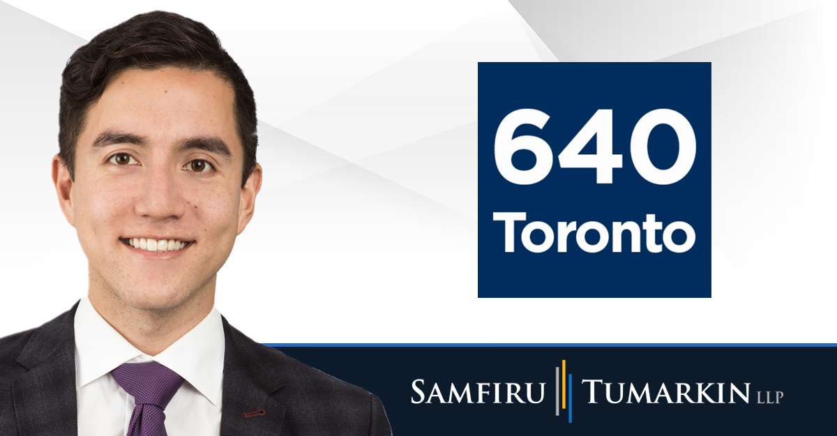 A headshot of Canadian disability lawyer Albert Klein next to the logos for Samfiru Tumarkin LLP and radio station 640 Toronto.