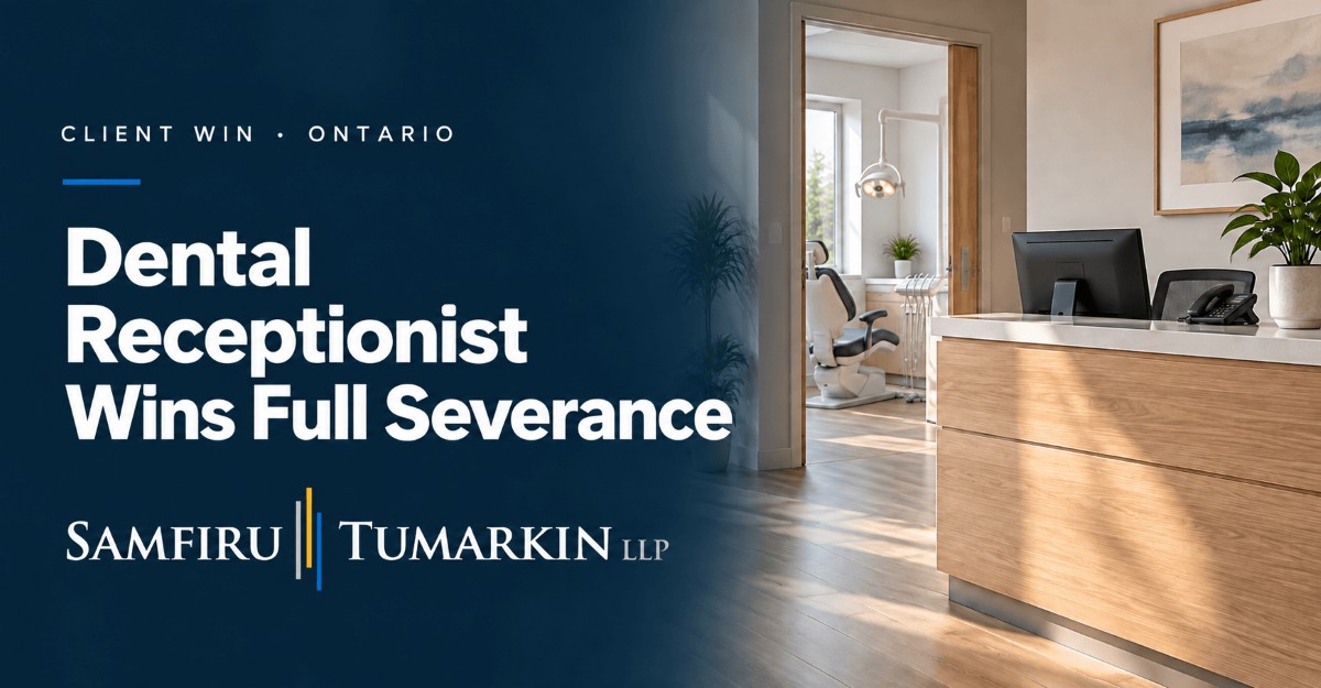Dental reception area beside “Severance Limit Struck Down” and the Samfiru Tumarkin LLP logo.