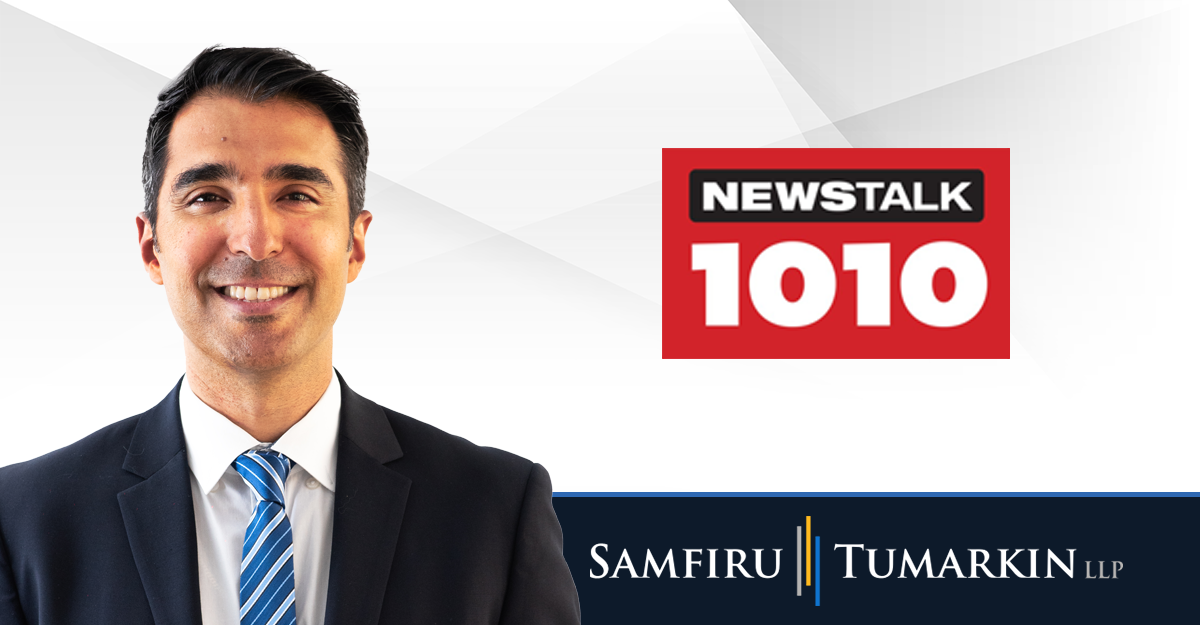 A headshot of Canadian employment lawyer Dan Balkaran next to the logos for Samfiru Tumarkin LLP and radio station Newstalk 1010 in Toronto.