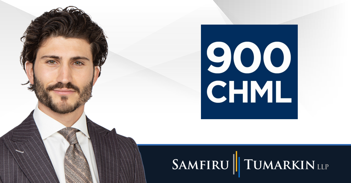 A headshot of Canadian employment lawyer Jeremy Herman next to the Samfiru Tumarkin LLP and 900 CHML logos.