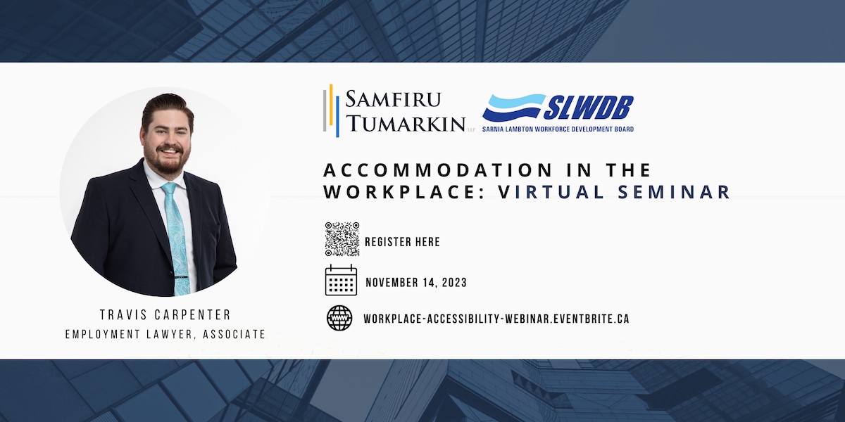 An image of employment lawyer Travis Carpenter, along with details of a seminar about workplace accommodation for the SLWDB.
