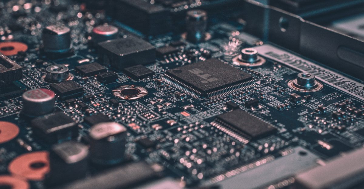 A motherboard, complete with transistors and chips, potentially used by Memory Express.