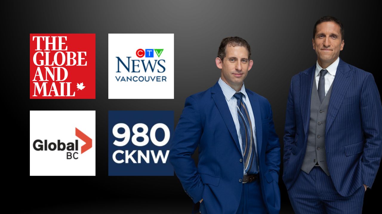 Lior Samfiru and Sivan Tumarkin stand next to Globe and Mail, CTV News Vancouver, Global BC, and 980 CKNW logos.
