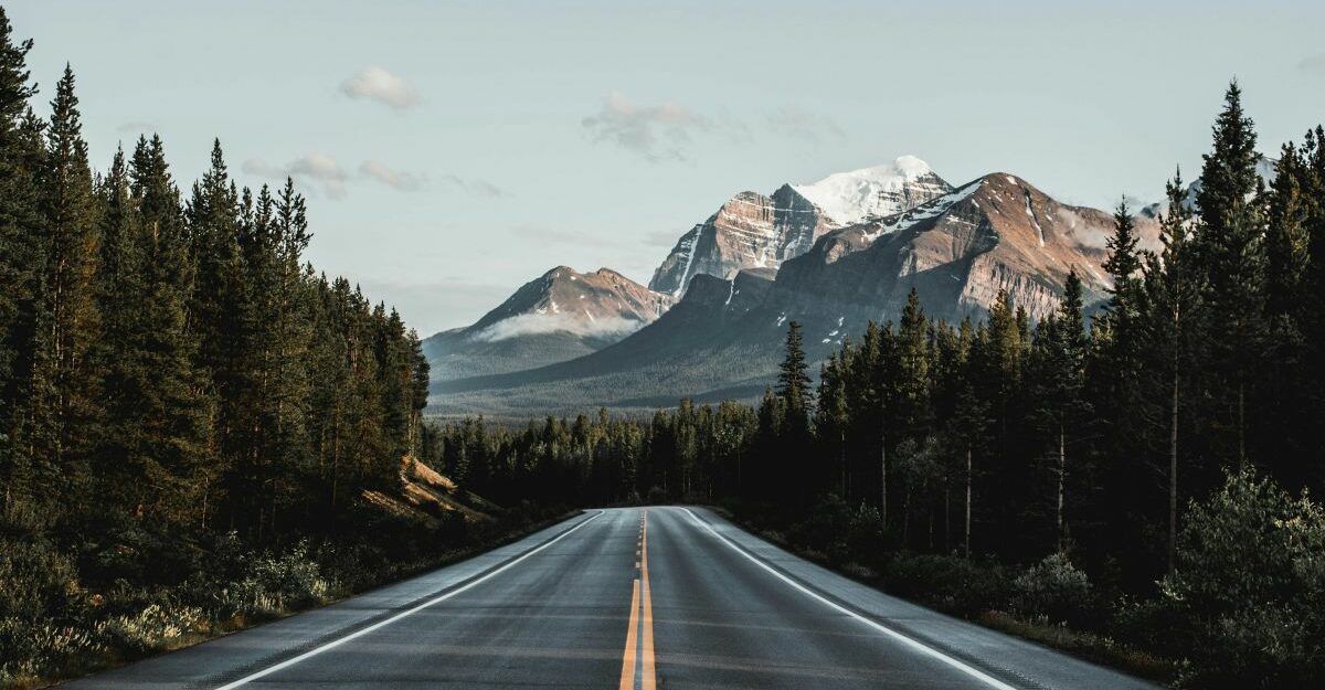 A view of the Canadian Rockies from the road.
