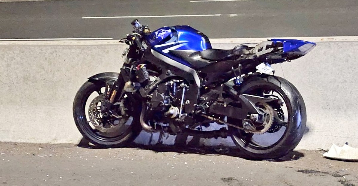 A photo of a blue motorcycle that was involved in a collision on Highway 401 in Pickering. (Photo: @OPP_HSD / X/Twitter)