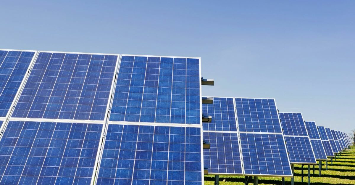 Numerous solar panels soak up the snow on a clear and sunny blue sky day.