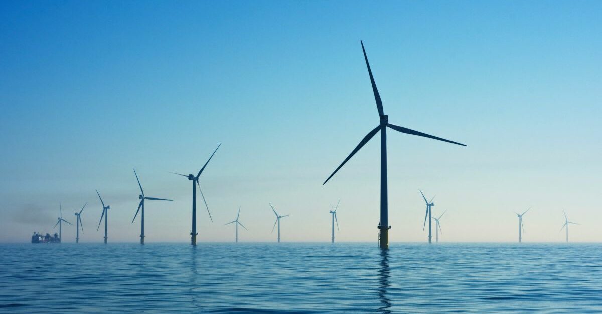 A dozen wind turbines rise out of the water, generating renewable energy.