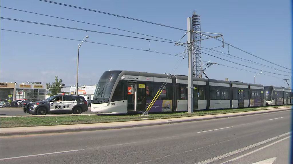 Police are on the scene of a collision involving an Eglinton Crosstown LRT vehicle in Scarborough on Saturday, Aug. 9, 2025. (photo credit: CP24)