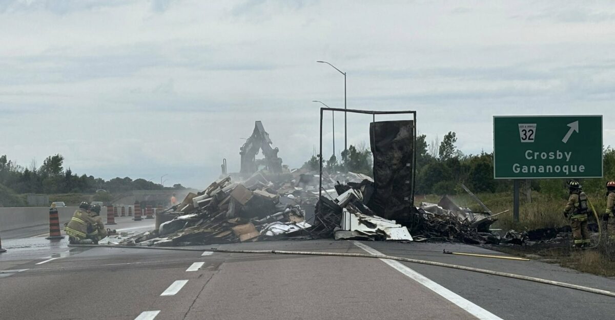 A furniture-loaded trailer fire on the 401 in the Gananoque area (photo credit: @MIHomeYGK)