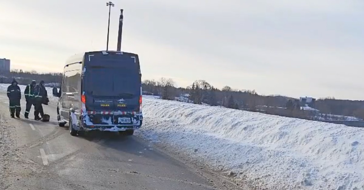OPP at the scene of a crash on the Highway 7 flyover ramp to Highway 8 in Kitchener on Jan. 26, 2026. (Photo: @OPP_HSD / X/Twitter)