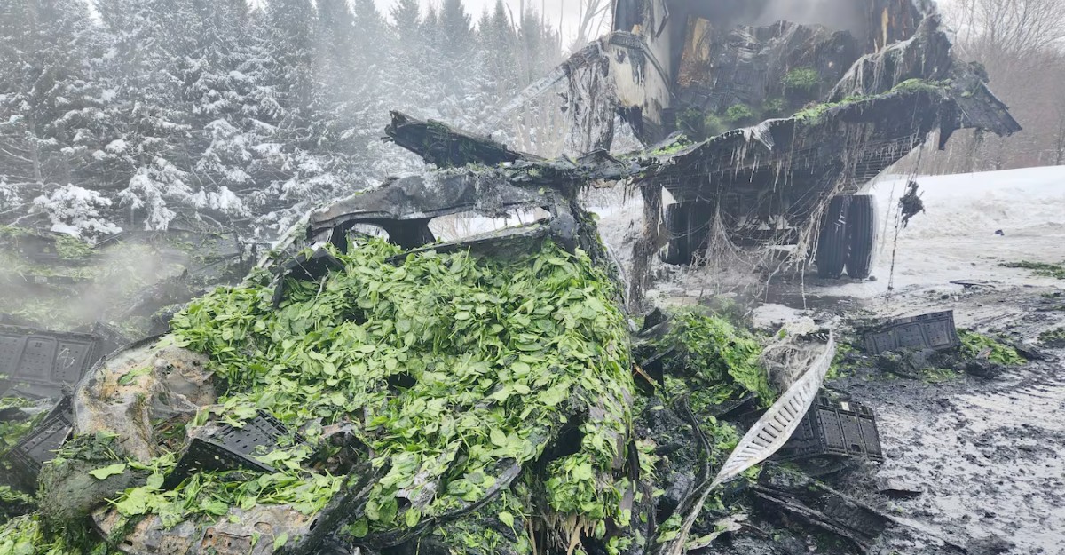 A vehicle is covered in spinach after a crash on Highway 401 in Quinte West on Jan. 27, 2026. (Photo: OPP / X/Twitter)