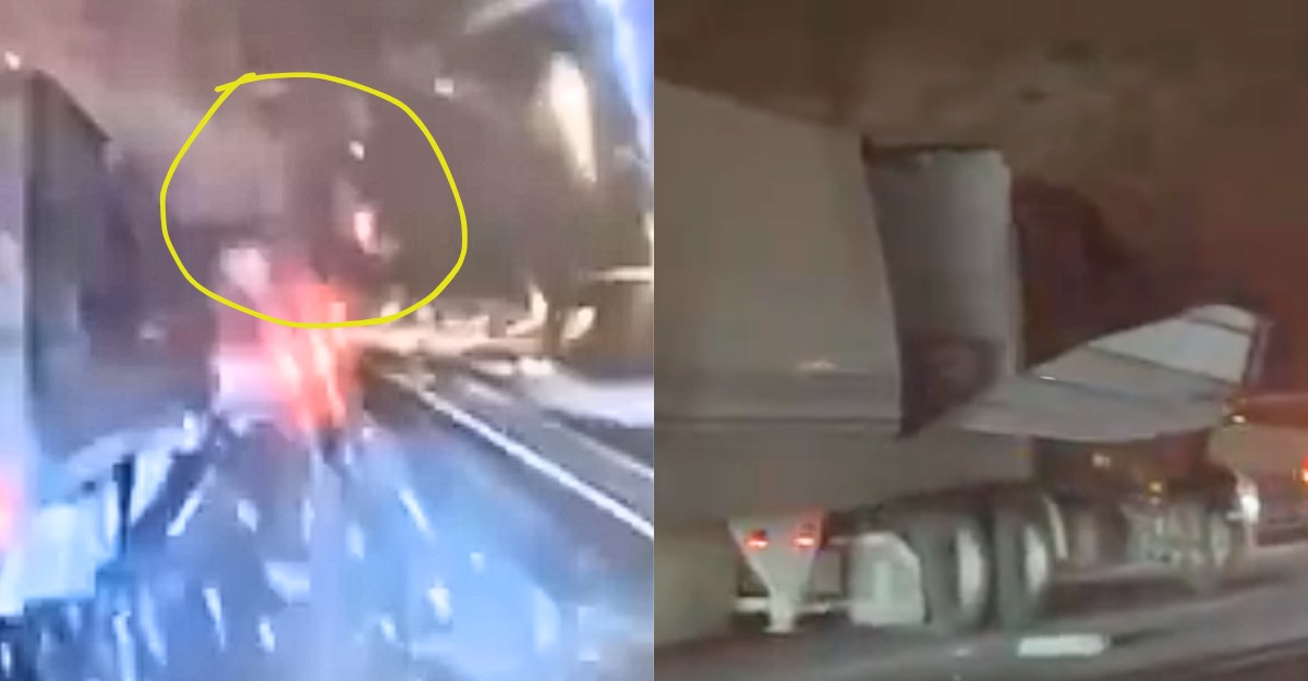 Screenshots of a tractor-trailer that was struck by a vehicle that left the Highway 427 overpass and landed on Highway 401. (Photos via X/Twitter)