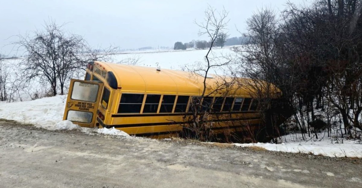 A school bus in a ditch on Old Stage Road near Woodstock, Ont. on February 18, 2026. (Photo: Oxford OPP)