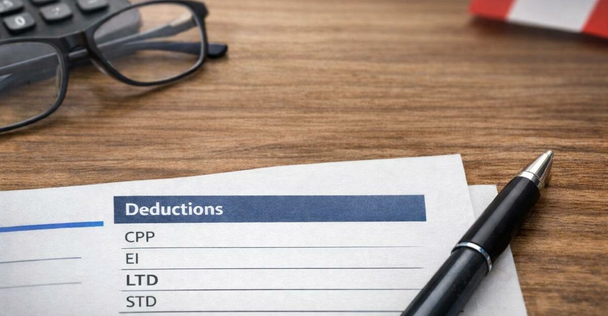 A printed Canadian pay stub on a desk showing common deductions such as CPP, EI, and LTD, with a pen and reading glasses beside it.