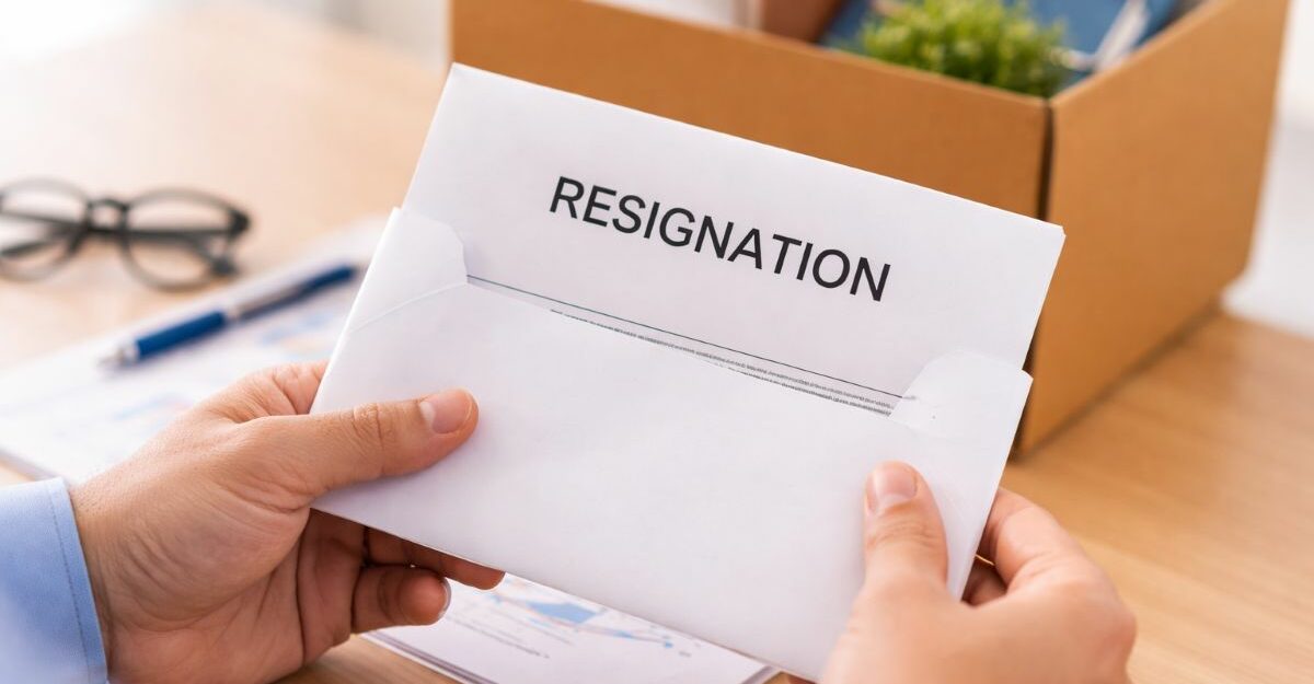 Person holding a resignation letter in an office setting with documents and personal items on desk