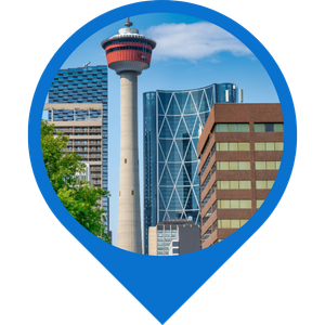 A photo of the Calgary Tower and other buildings in the downown core, surrounded by a blue location icon.