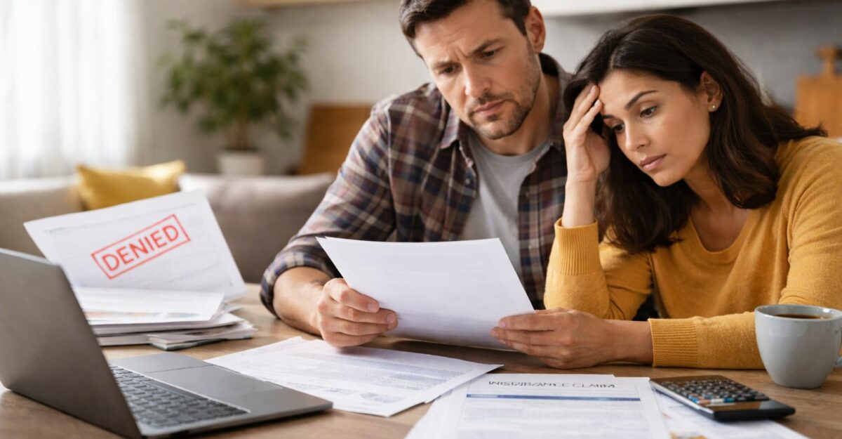 Concerned couple reviewing insurance claim documents at a kitchen table, with a denied notice visible, showing stress over delayed or rejected benefits